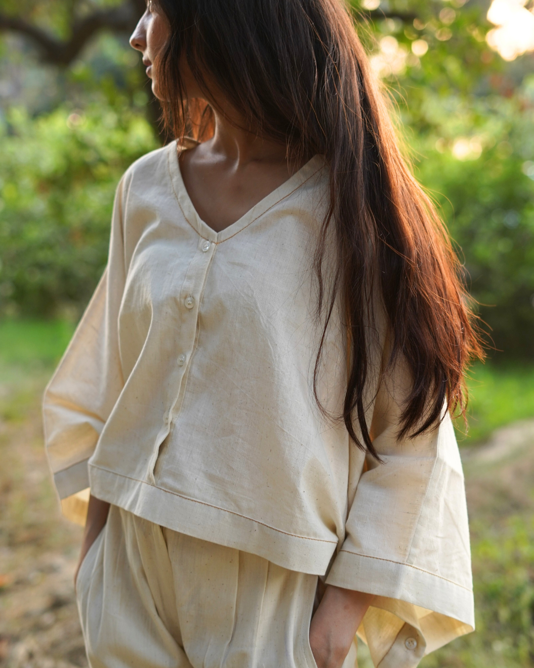 Kora Natural Khadi Kaftan Top - Handwoven & Handspun