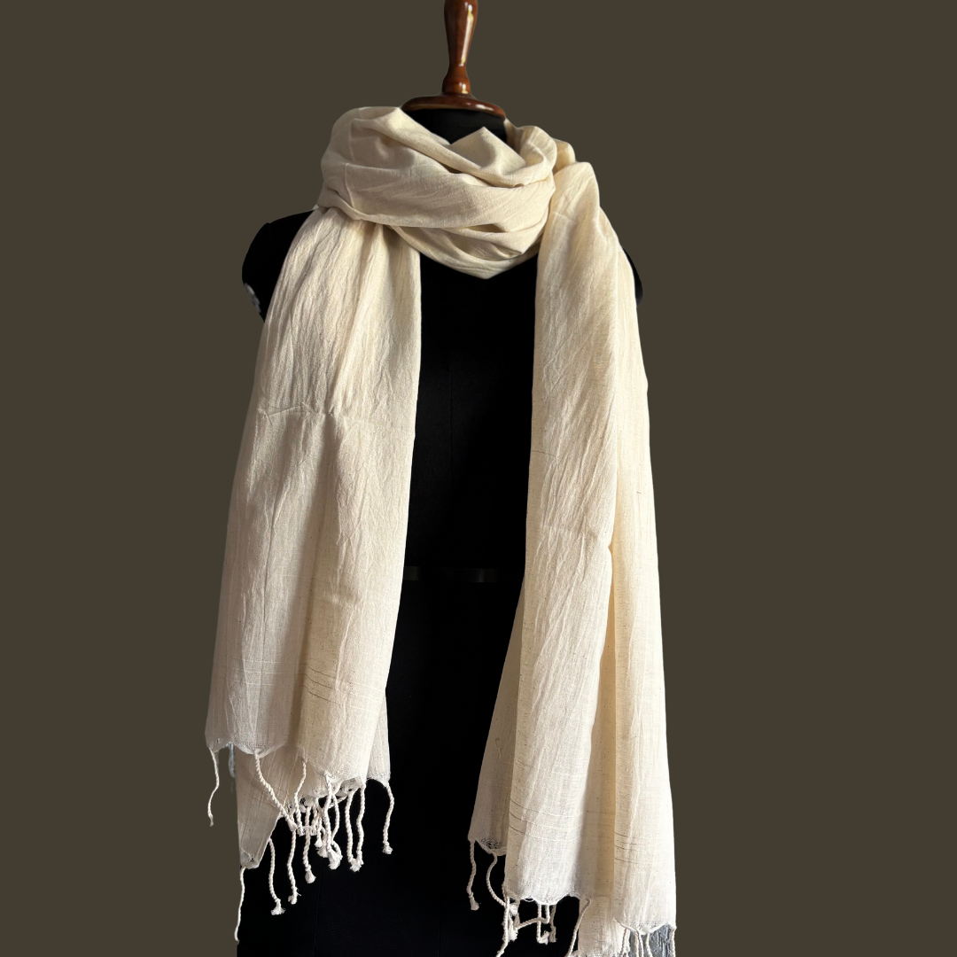 Kora Khadi Handspun Cotton Dupatta with Hand-Twisted Tassels