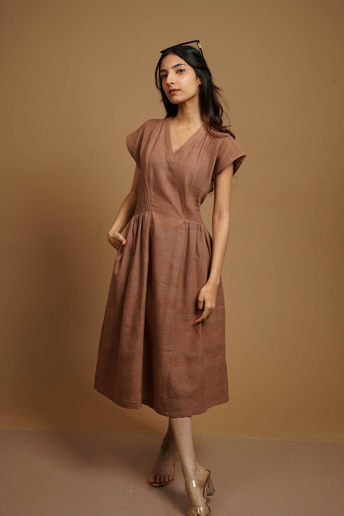 Red Sand Pintucks Handwoven Dress