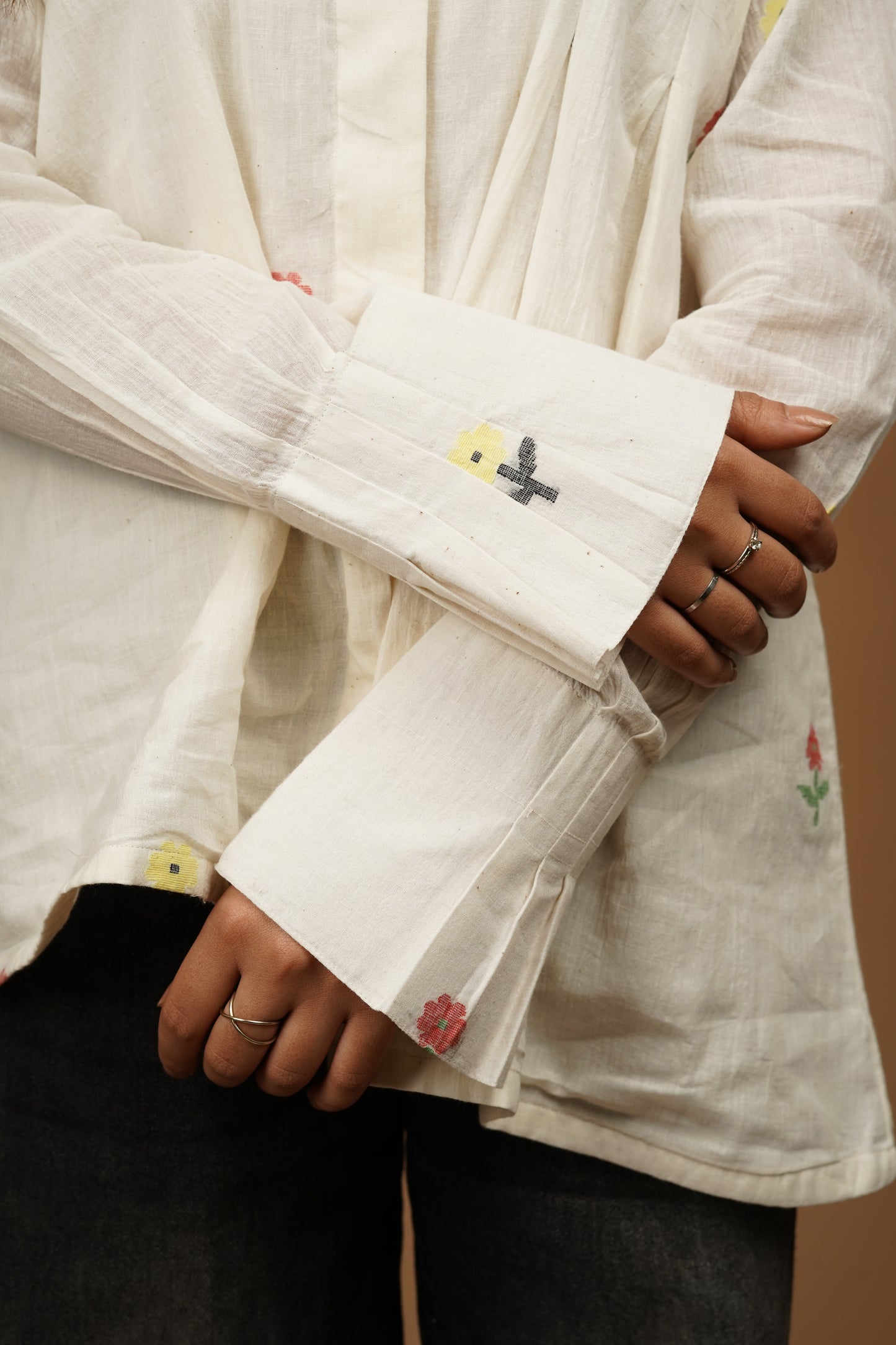 Off White Handwoven Buti Asymmetry Shirt