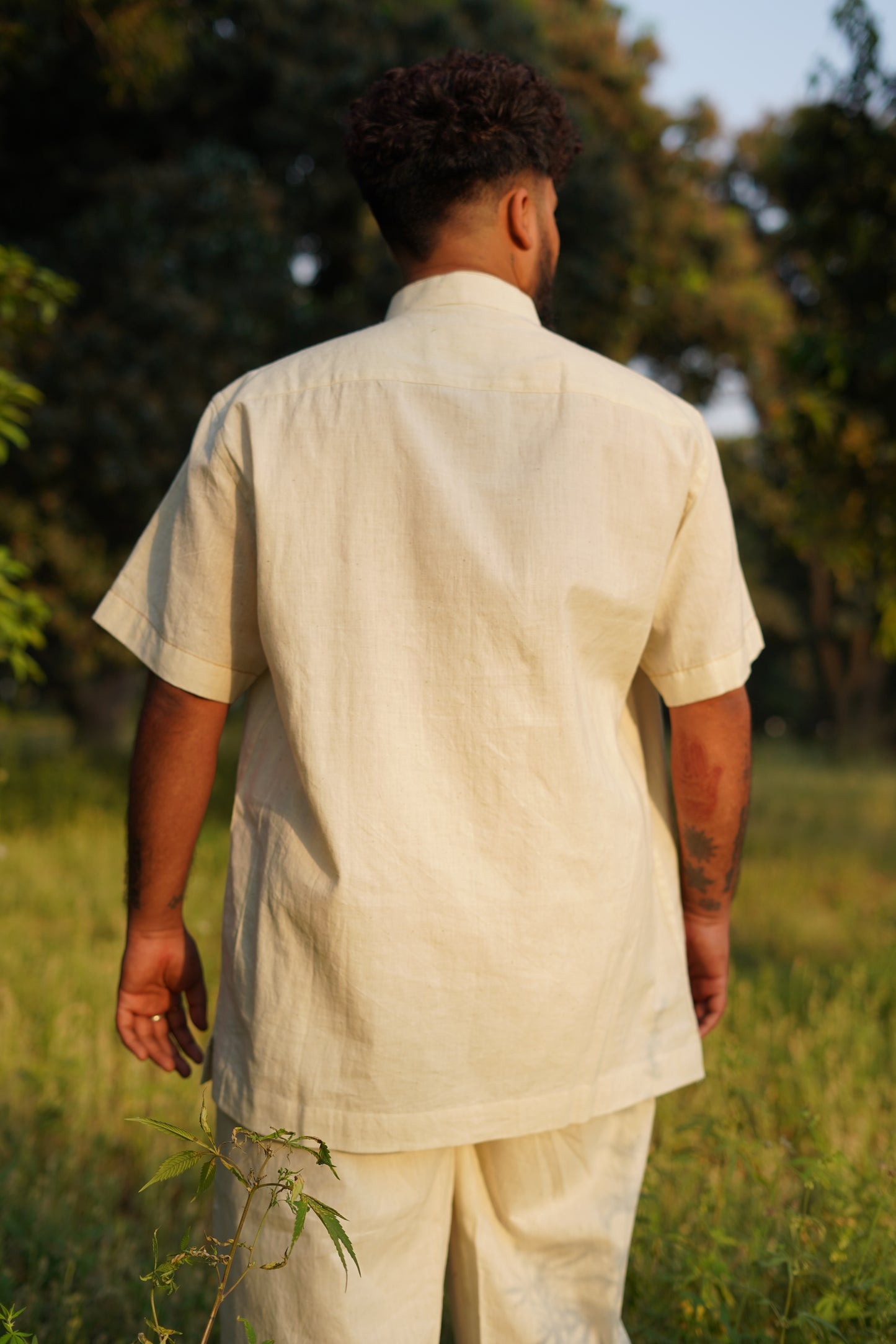 Off White Natural Khadi Chinese Collar Shirt - Handspun & Handwoven