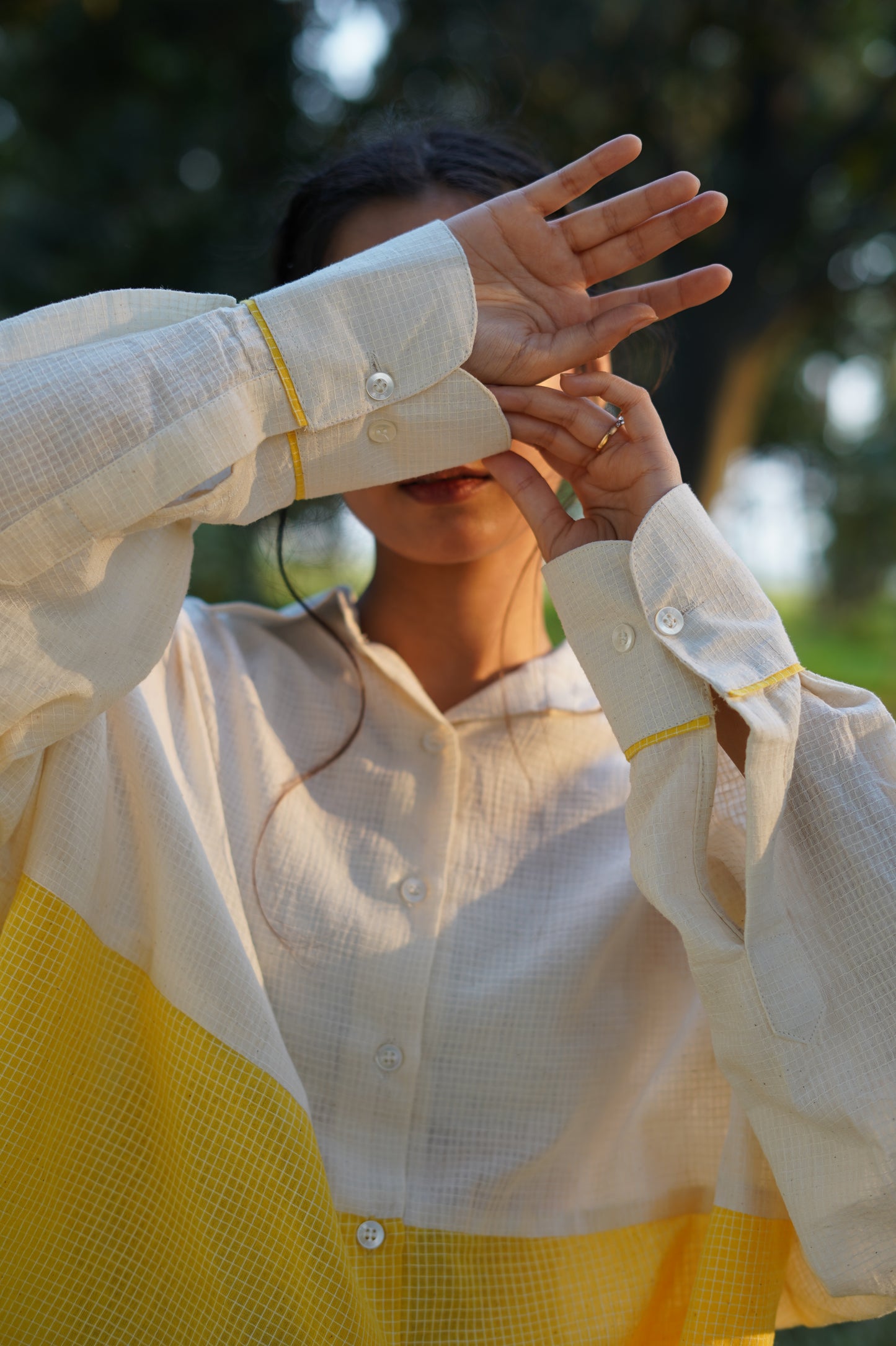 Sunlit Grid Handwoven Oversized Shirt - Yellow & kora