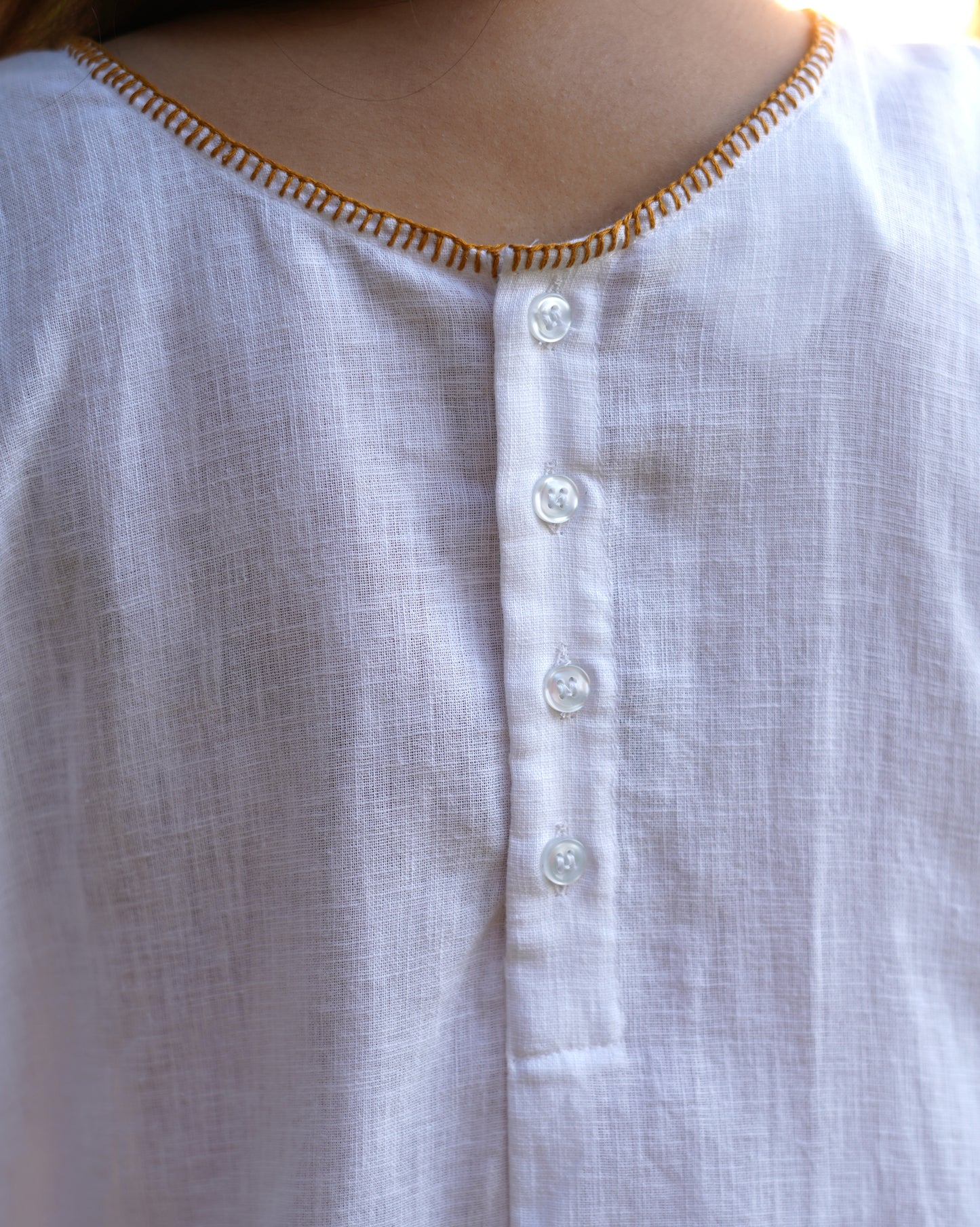 White Breeze Handwoven Cotton Round Neck Dress - Hand Embroidered