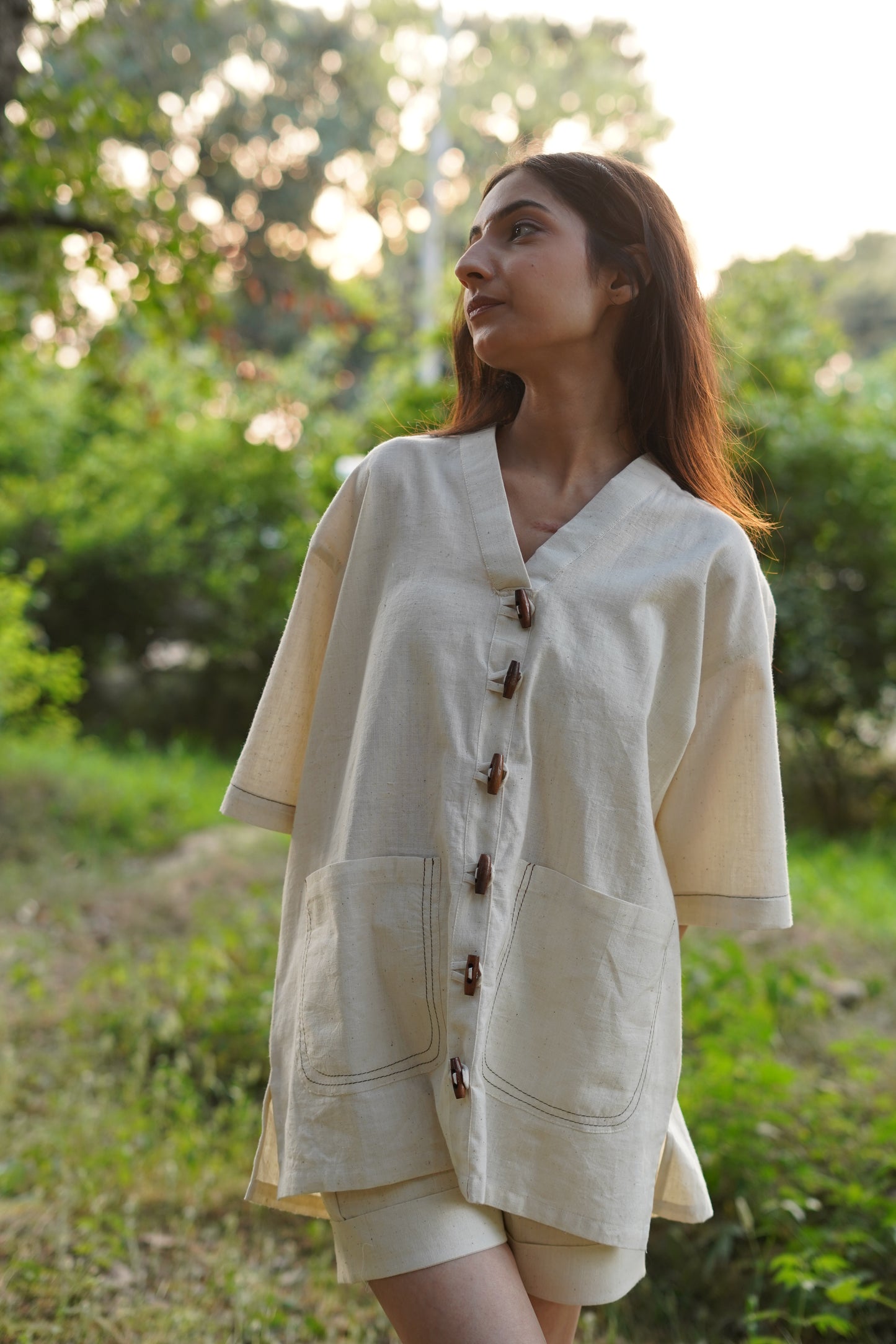 Kora Handspun Khadi V-Neck Shirt Style Top
