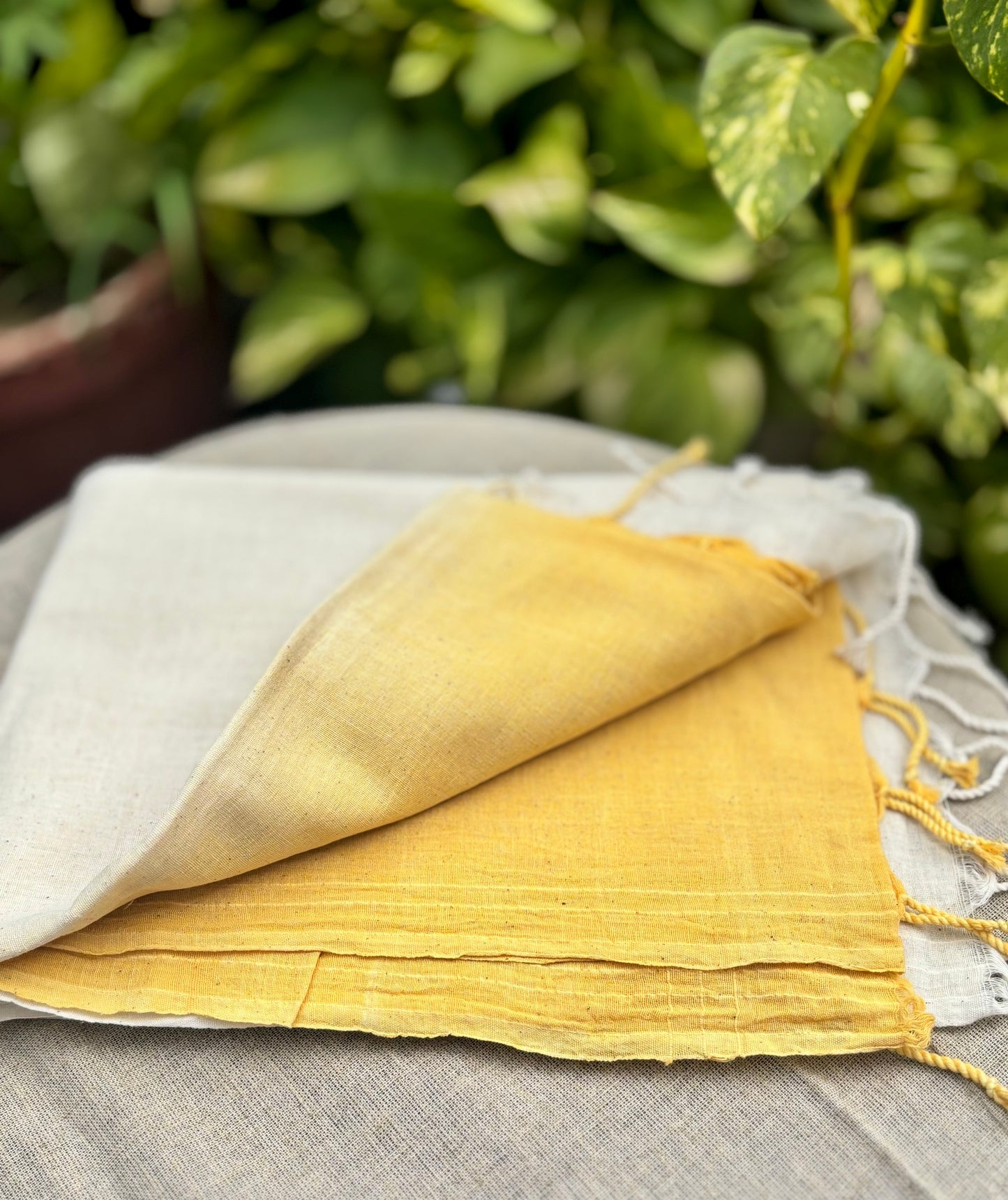 Dual Tone Handwoven Cotton Dupatta – Yellow & Beige