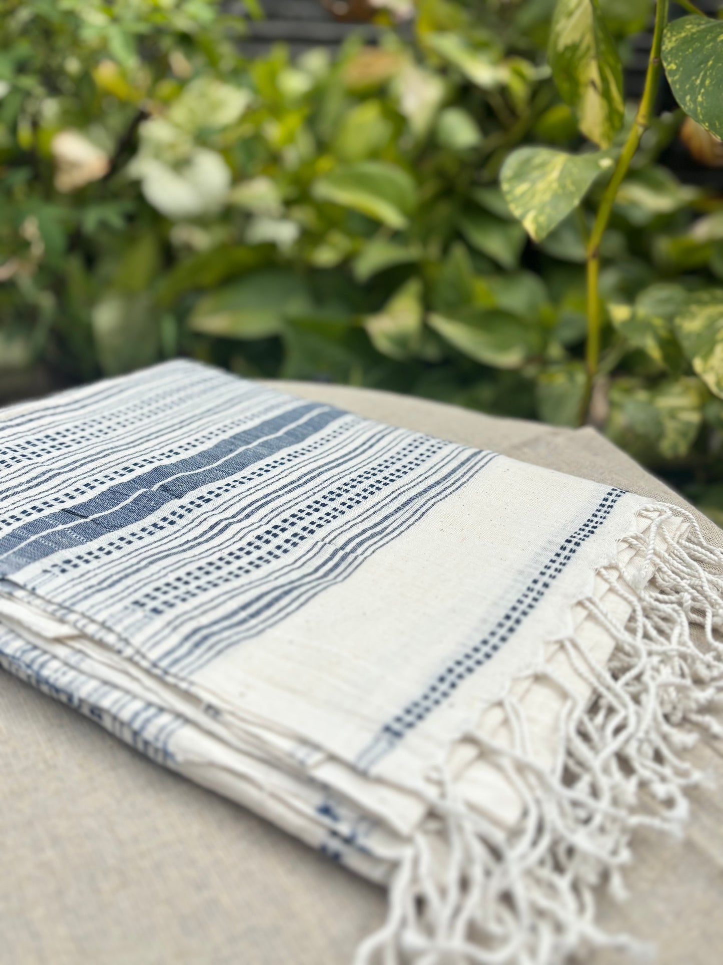 Natural Handwoven Cotton Dupatta with Beige Brown Threadwork - 60/33 count