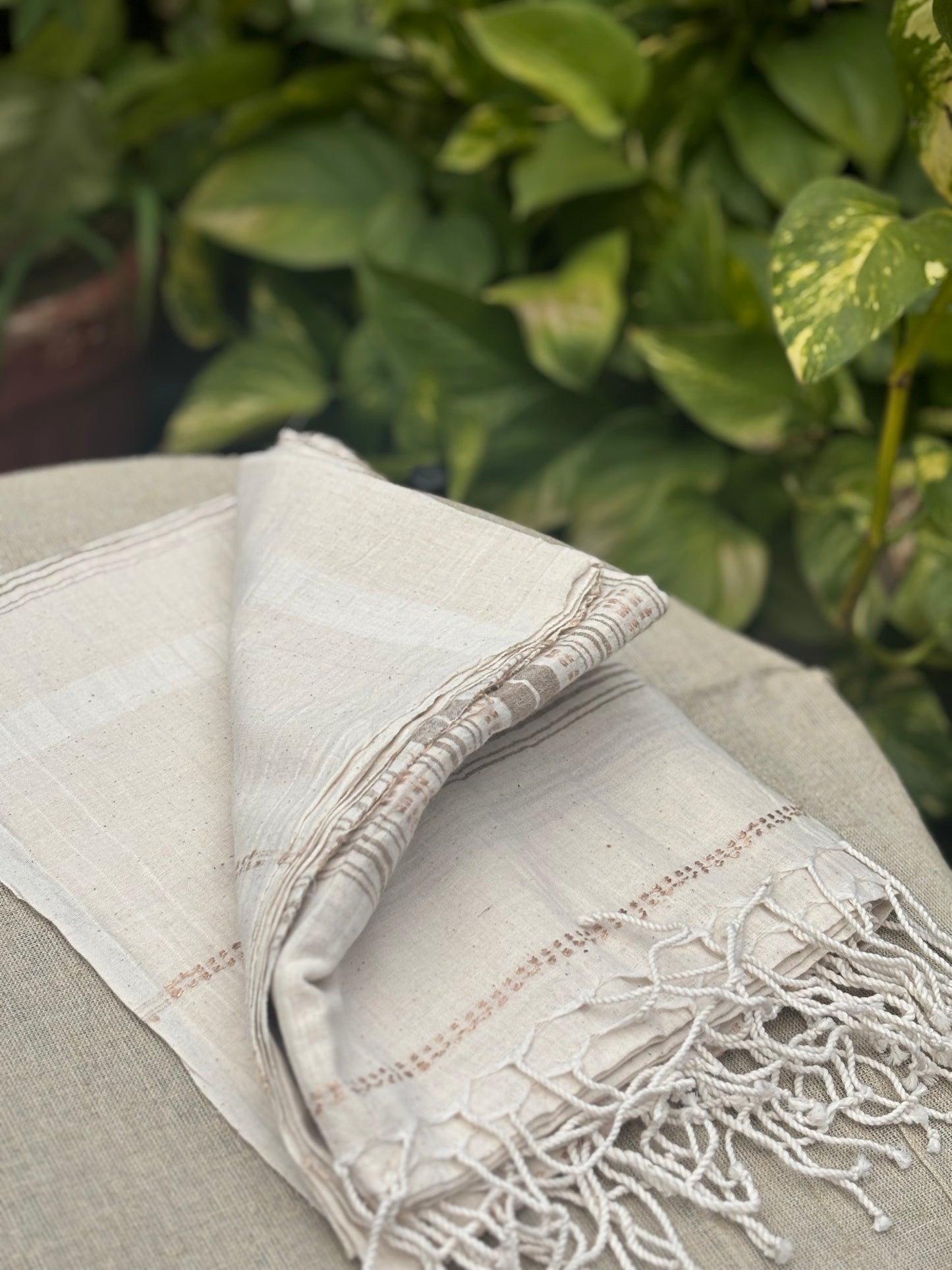 Brown Natural Handwoven Cotton Dupatta with Intricate Threadwork - 60/33 count