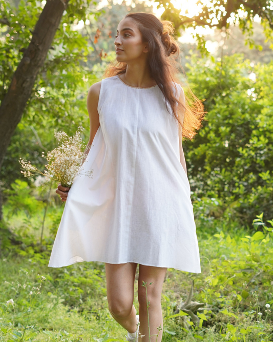 White Breeze Handwoven Cotton Round Neck Dress - Hand Embroidered