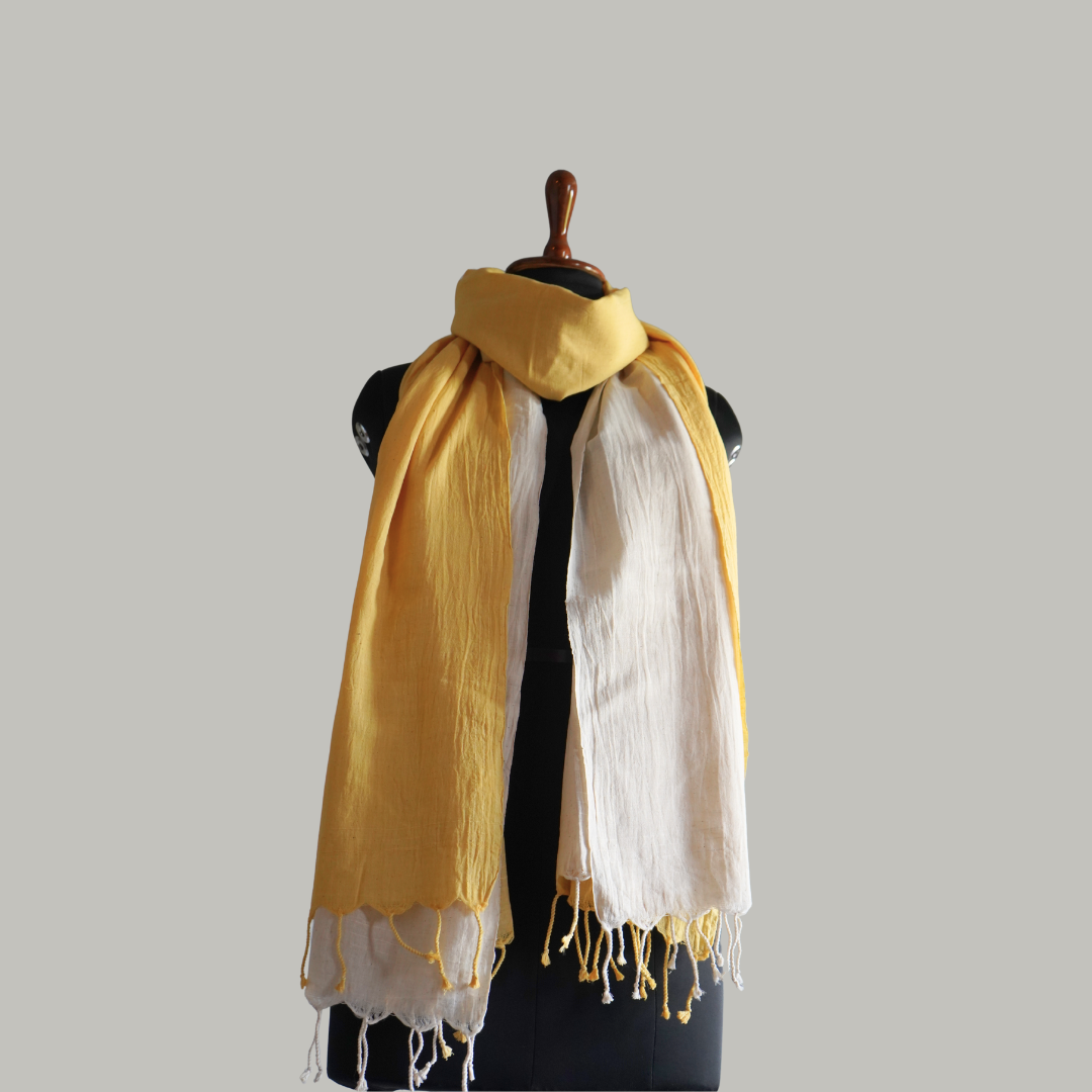 Dual Tone Handwoven Cotton Dupatta – Yellow & Beige