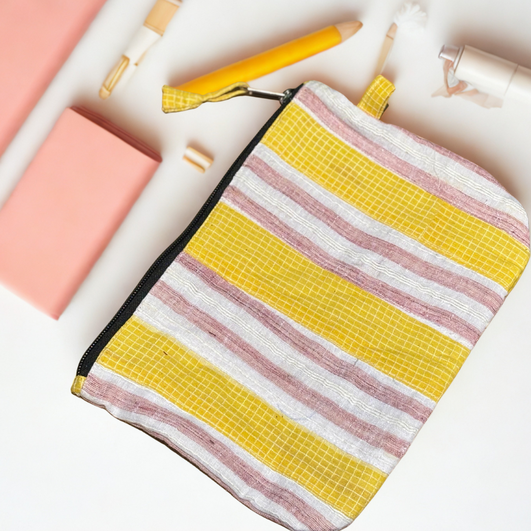 Yellow Pink Zero Waste Pouch | Sustainable Cotton Travel Pouch/Organizer