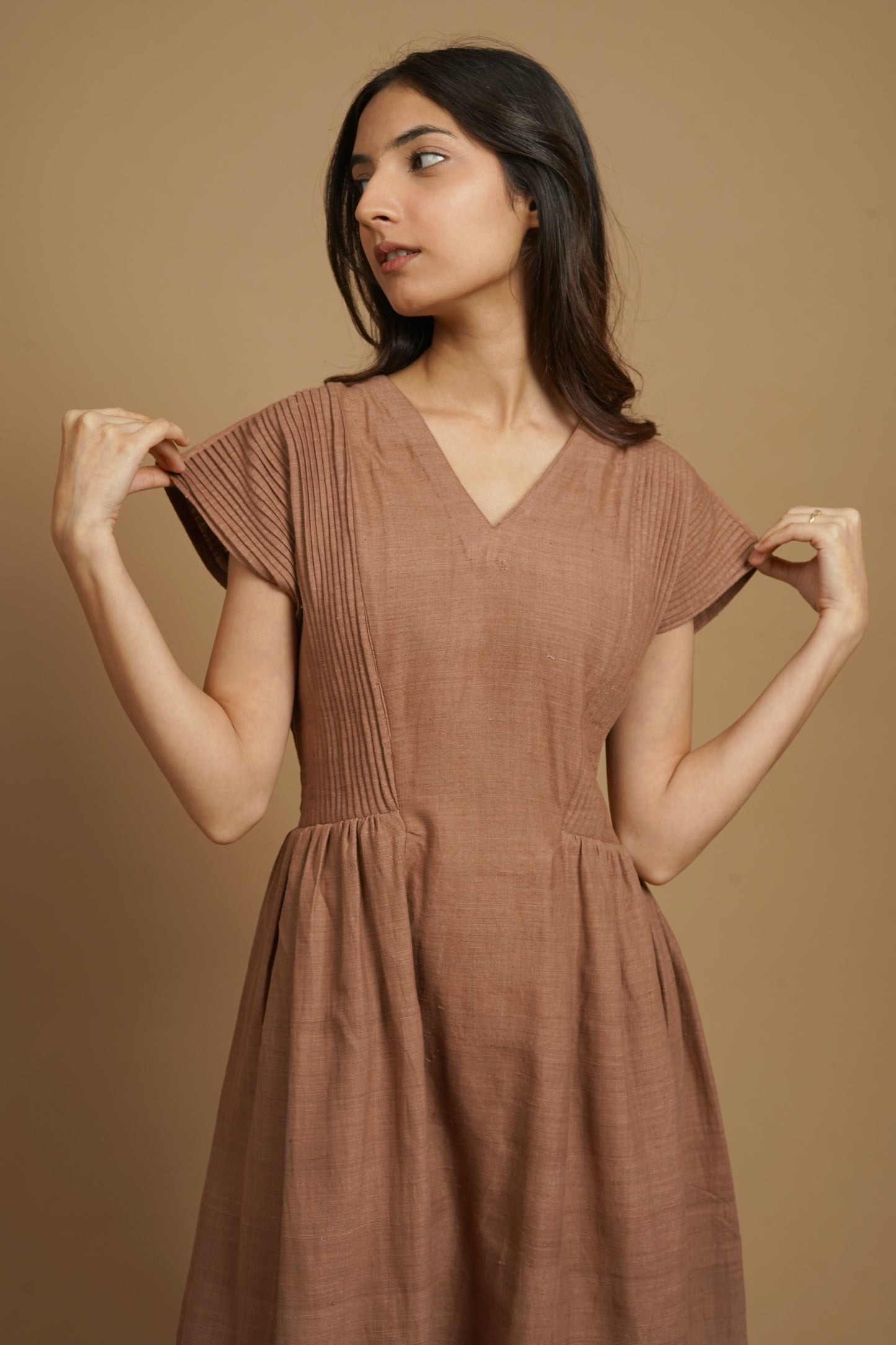 Red Sand Pintucks Handwoven Dress