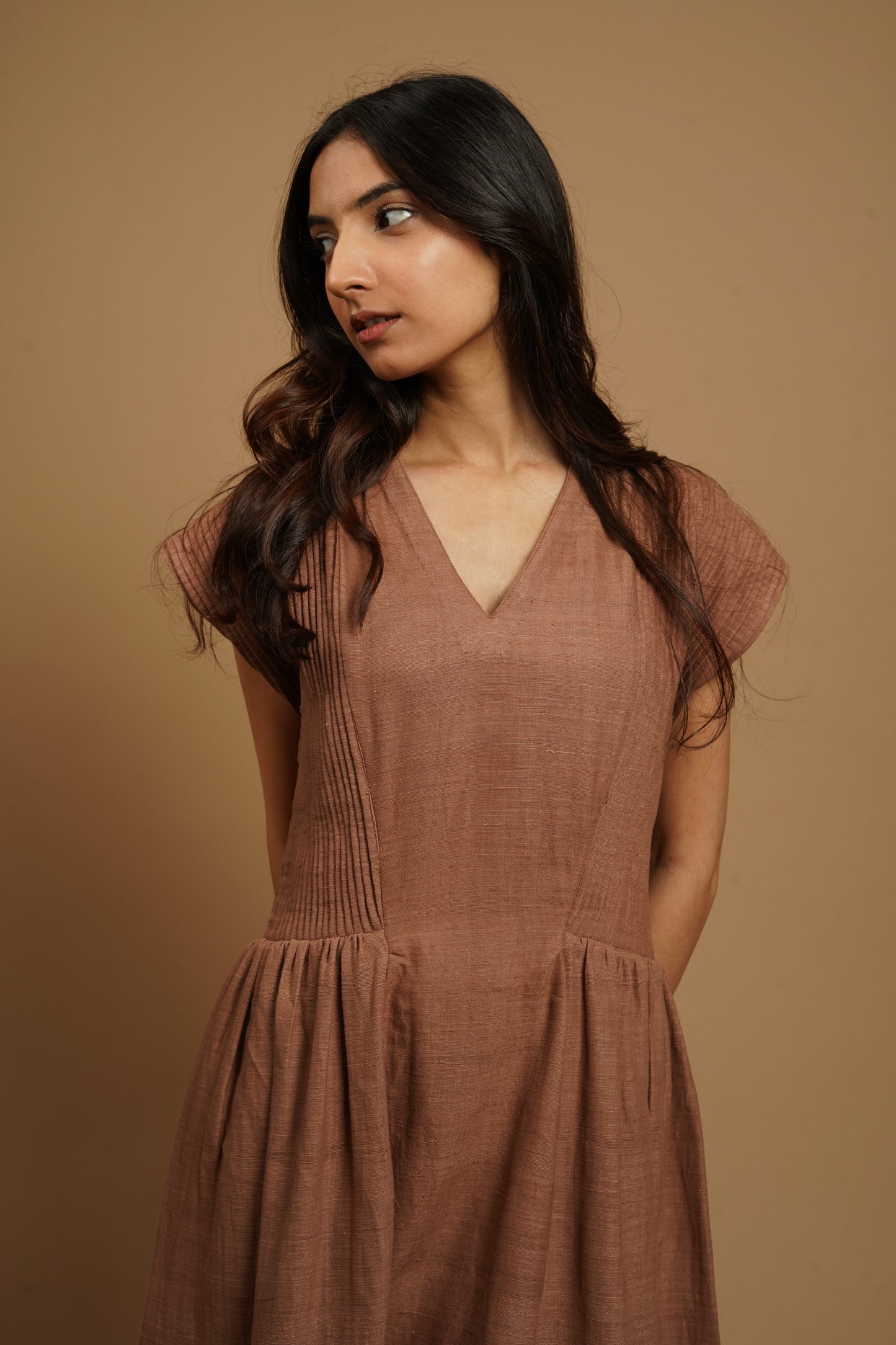 Red Sand Pintucks Handwoven Dress
