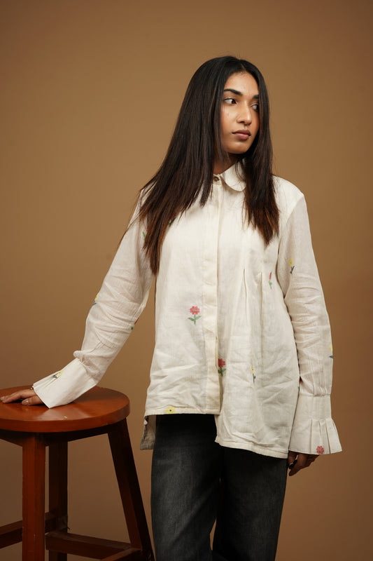 Off White Handwoven Buti Asymmetry Shirt