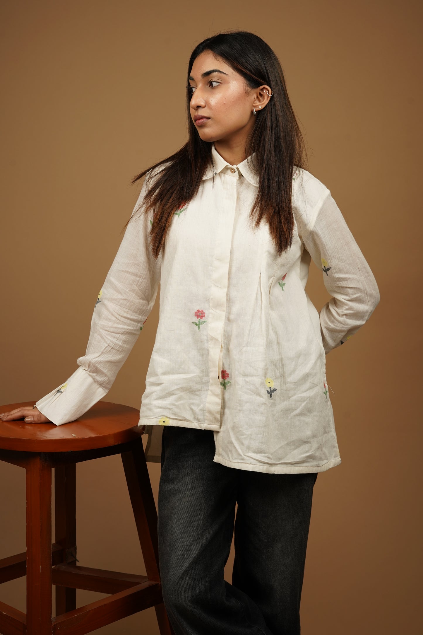 Off White Handwoven Buti Asymmetry Shirt