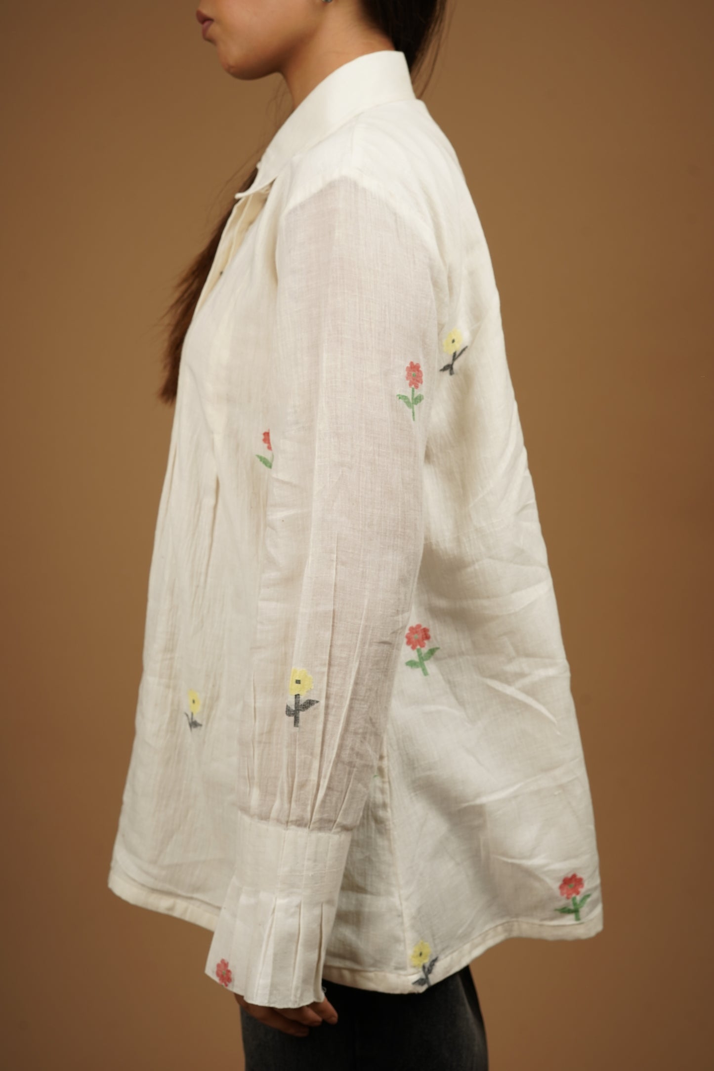 Off White Handwoven Buti Asymmetry Shirt