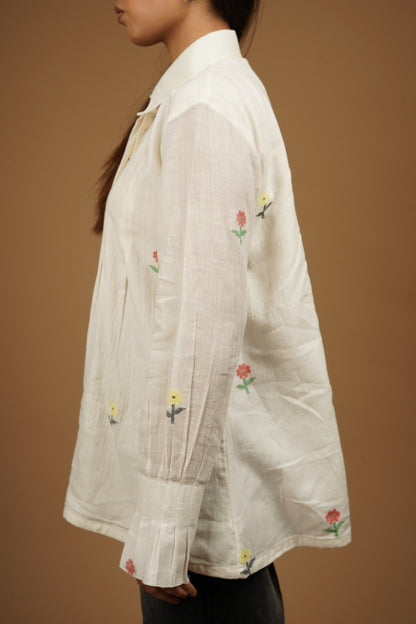 Off White Handwoven Buti Asymmetry Shirt