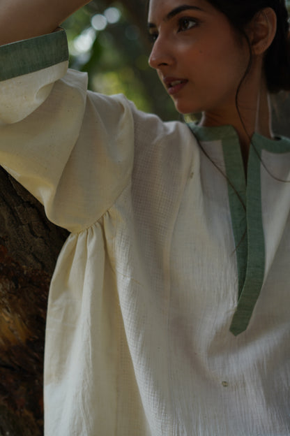 Off-White Cocoon Jamdani V Neck Flared Tunic Top