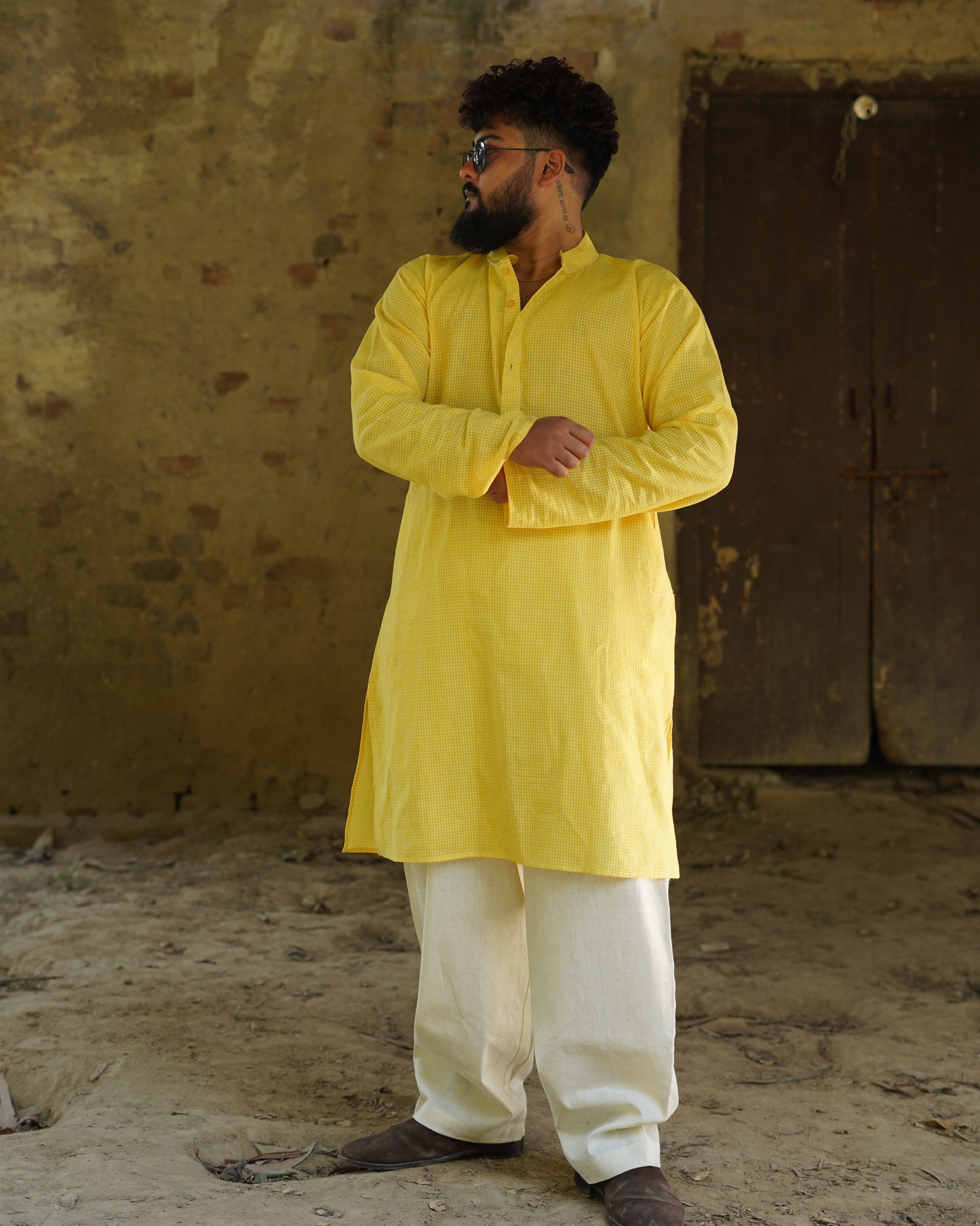 Handwoven Checkered & Solid Kurta - Available in 2 colors