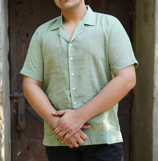 Green Handwoven Cotton Shirt - Cuban Collar