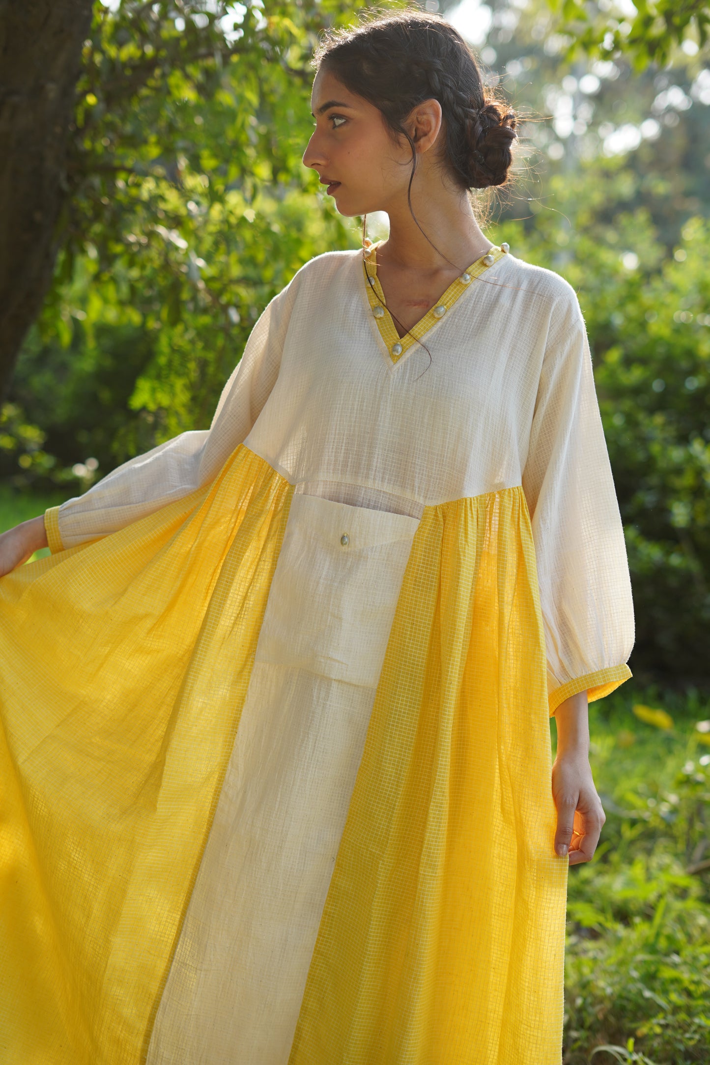 Handwoven Checked Yellow Kora Dress