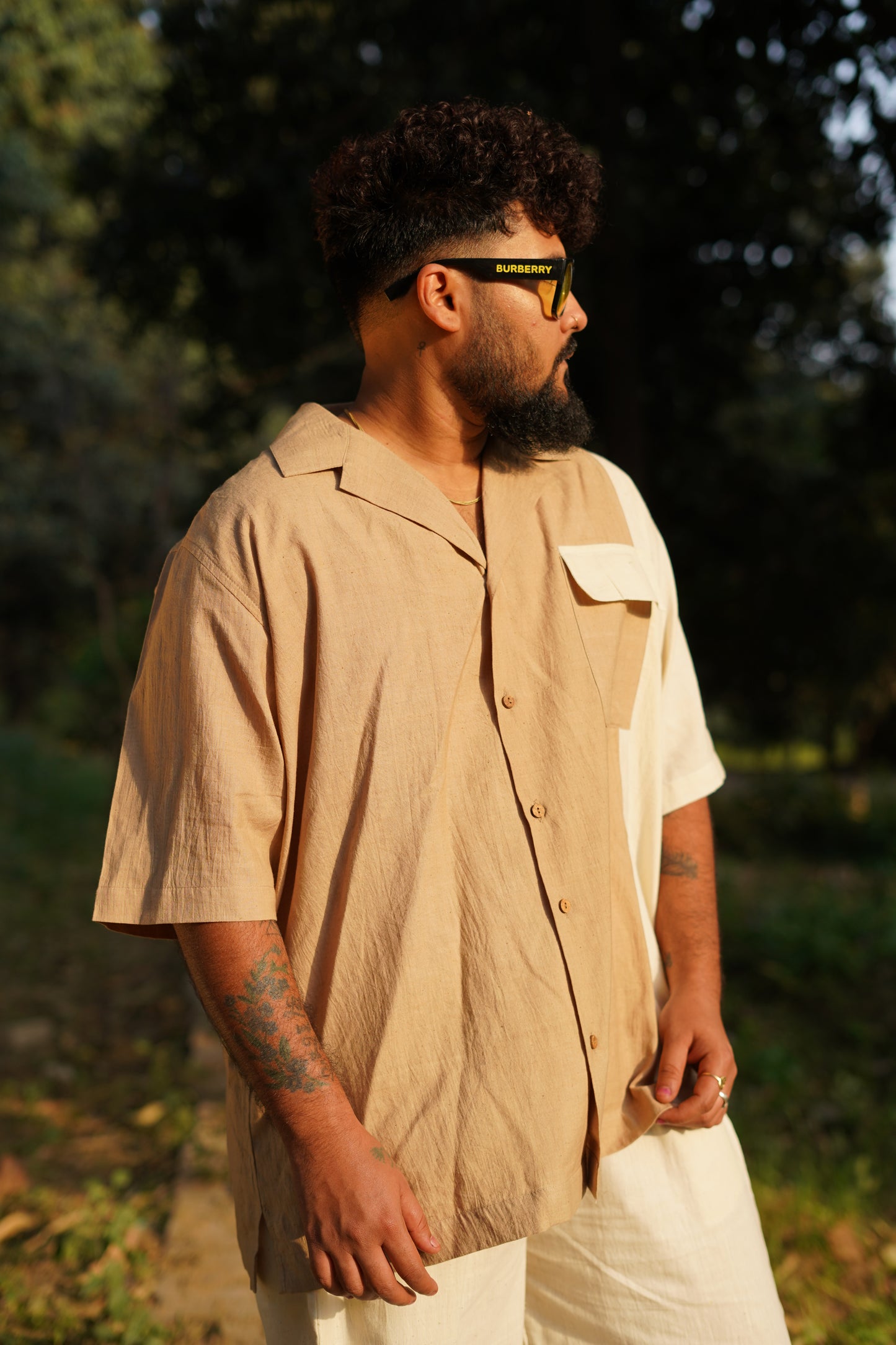 Cuban Collar Two-Tone Handwoven  Shirt - Brown & Kora