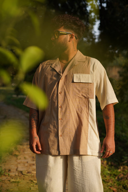 Cuban Collar Two-Tone Handwoven  Shirt - Brown & Kora