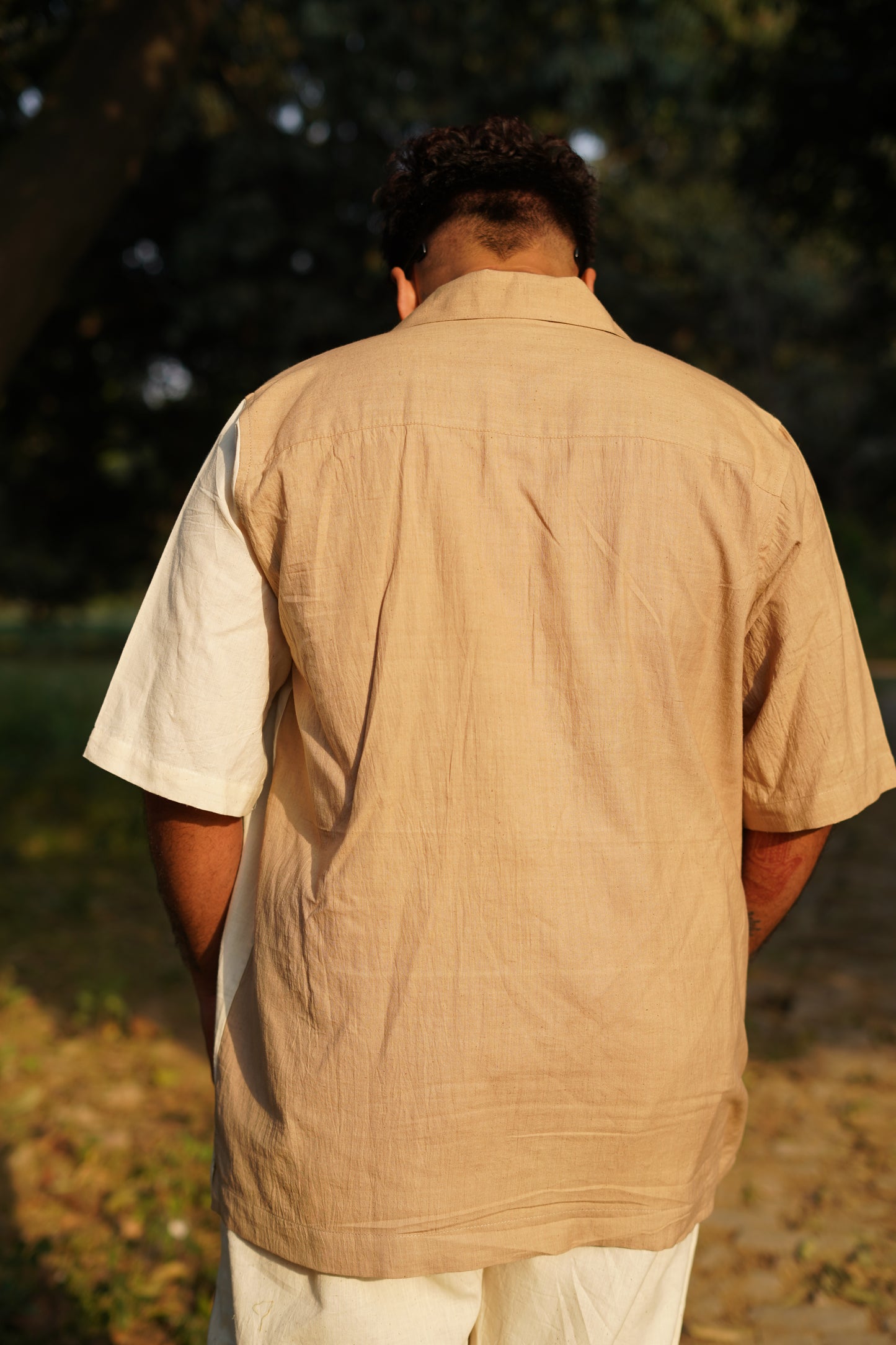 Cuban Collar Two-Tone Handwoven  Shirt - Brown & Kora
