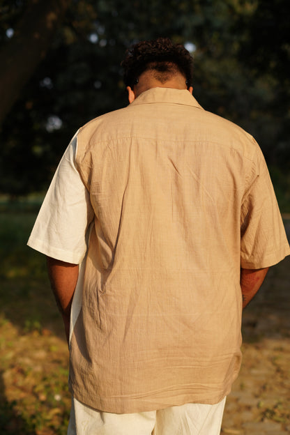 Cuban Collar Two-Tone Handwoven  Shirt - Brown & Kora