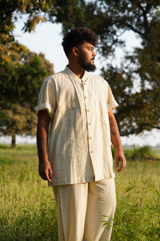 Off White Natural Khadi Chinese Collar Shirt - Handspun & Handwoven