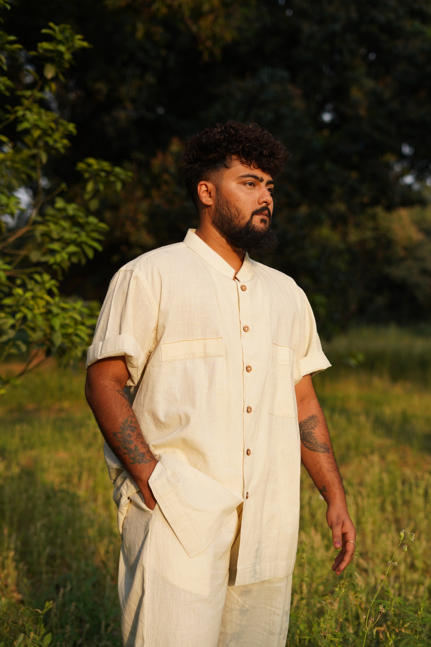 Off White Natural Khadi Chinese Collar Shirt - Handspun & Handwoven