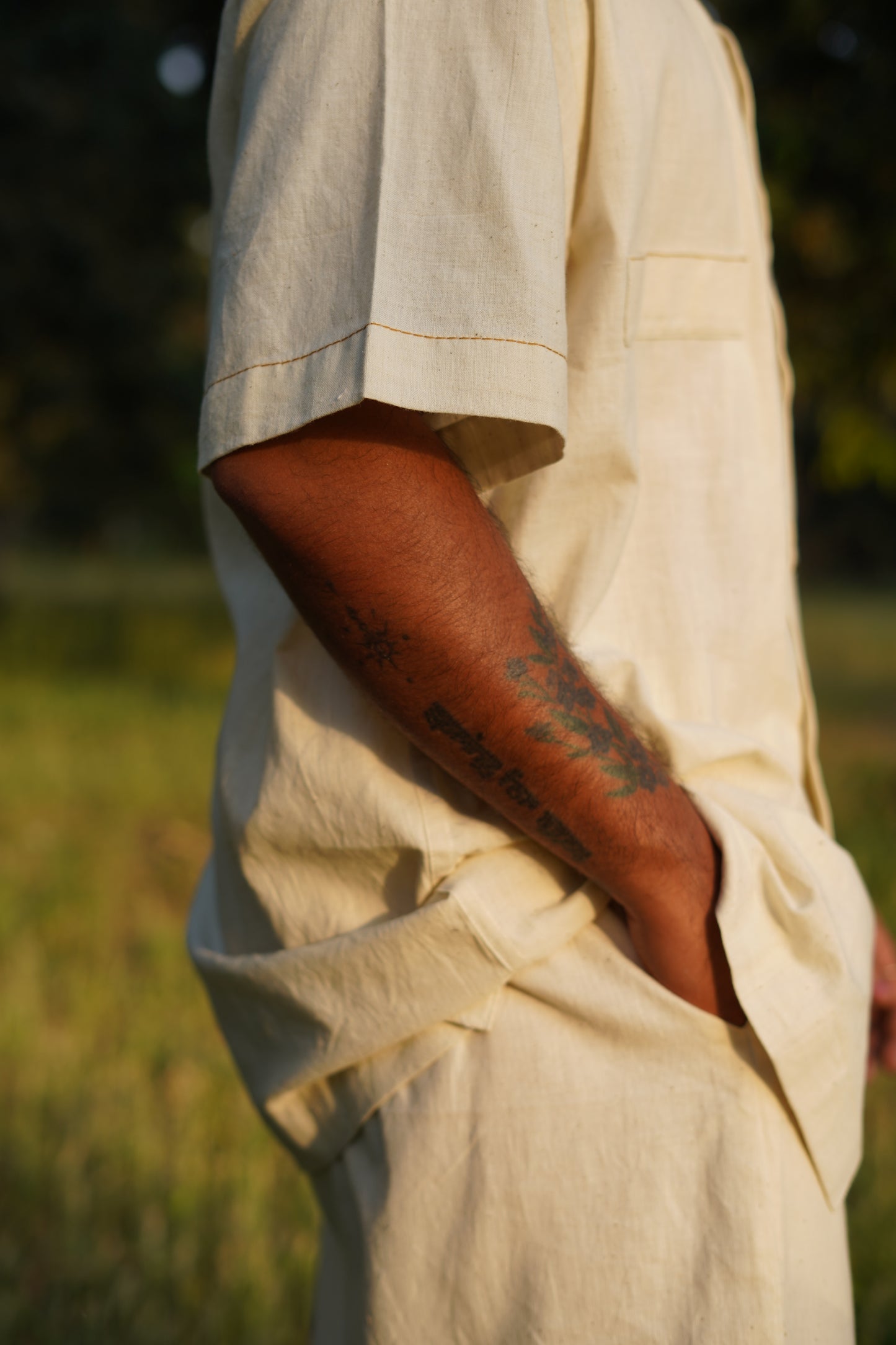 Off White Natural Khadi Chinese Collar Shirt - Handspun & Handwoven