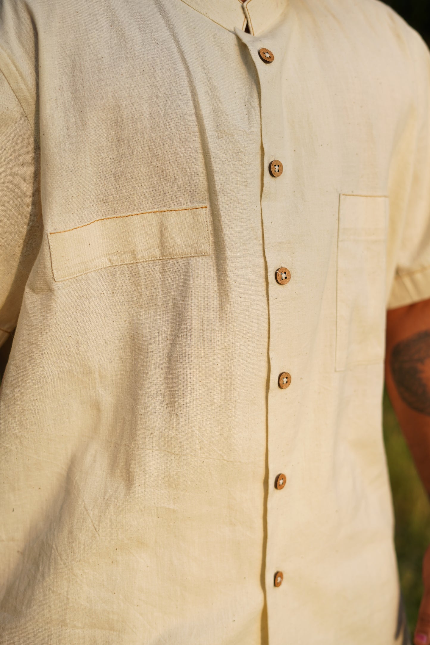 Off White Natural Khadi Chinese Collar Shirt - Handspun & Handwoven