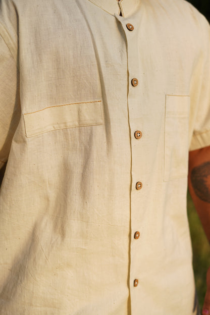 Off White Natural Khadi Chinese Collar Shirt - Handspun & Handwoven