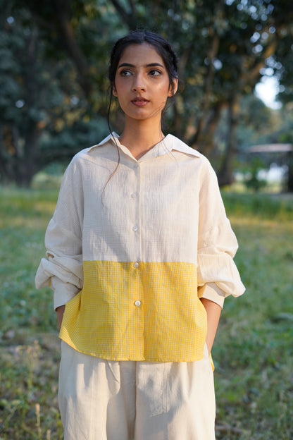 Sunlit Grid Handwoven Oversized Shirt - Yellow & kora