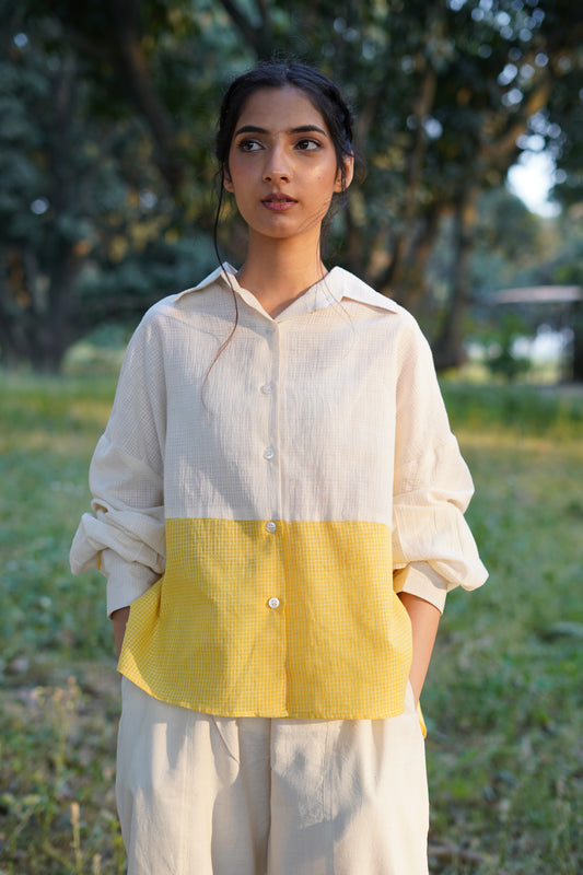 Sunlit Grid Handwoven Oversized Shirt - Yellow & kora