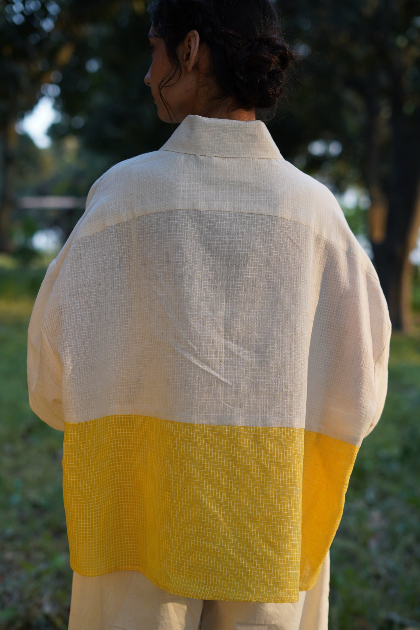 Sunlit Grid Handwoven Oversized Shirt - Yellow & kora