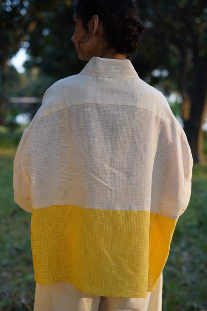 Sunlit Grid Handwoven Oversized Shirt - Yellow & kora