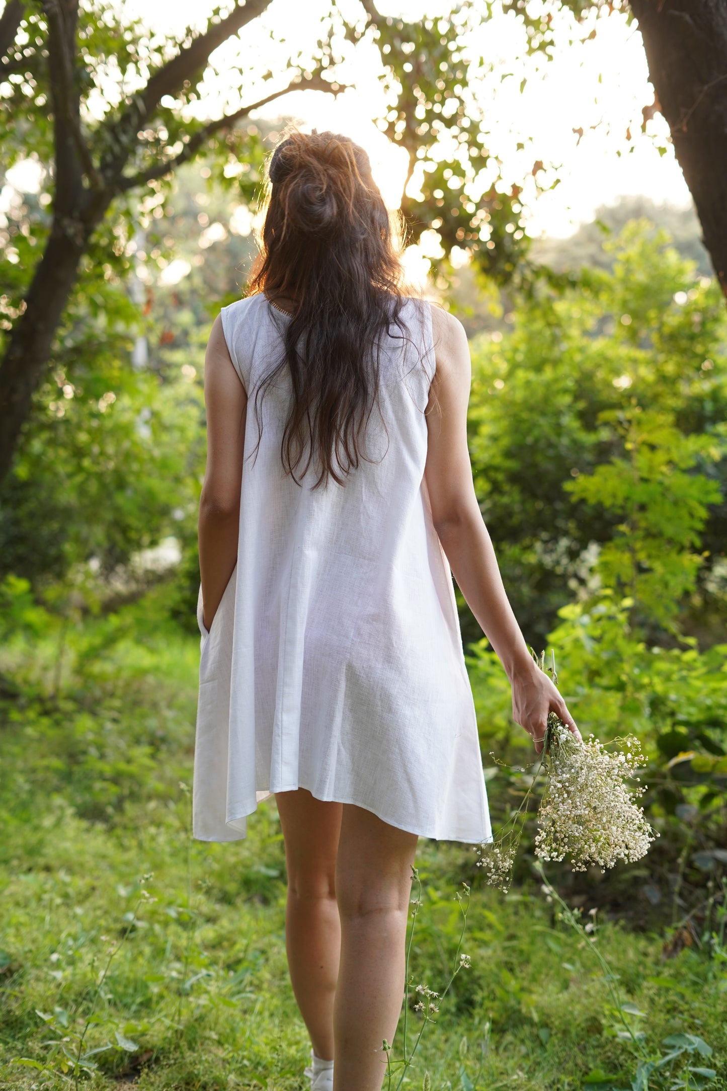 White Breeze Handwoven Cotton Round Neck Dress - Hand Embroidered