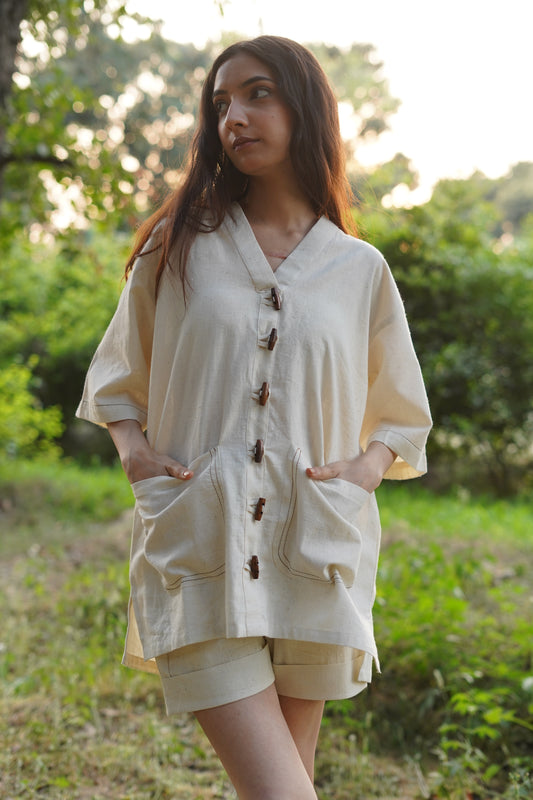 Kora Handspun Khadi V-Neck Shirt Style Top
