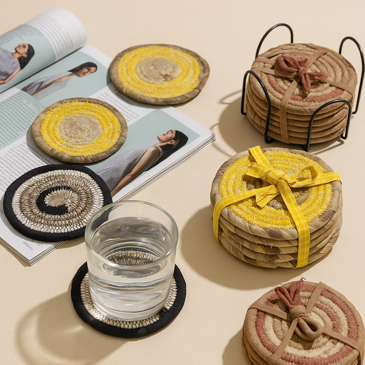 Upcycled Coasters Set of 6 pieces | Zero Waste Table Accessories from Fabric Scraps