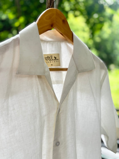 Handwoven White Cotton Shirt - Camp Collar