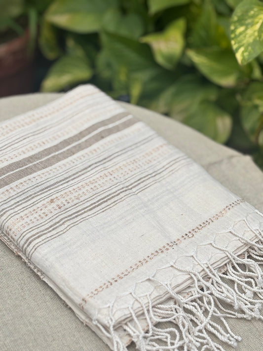 Natural Handwoven Cotton Dupatta with Beige Brown Threadwork - 60/33 count
