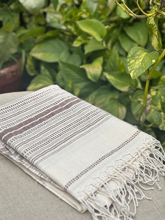 Brown Natural Handwoven Cotton Dupatta with Intricate Threadwork - 60/33 count